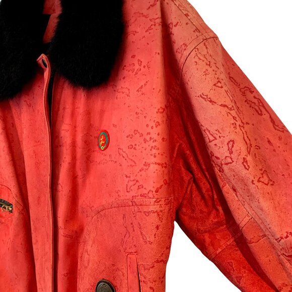 Guy Laroche Vintage Red Suede Bomber Jacket Black Fur Collar Embroidered Logos - Picture 7 of 12